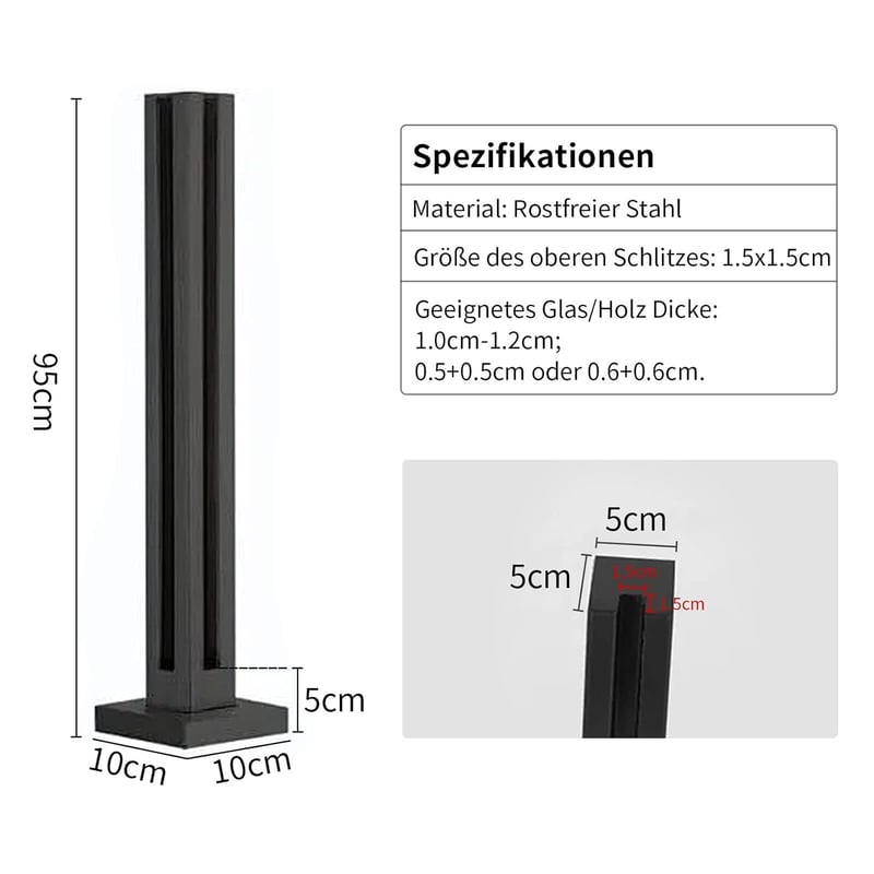 ABONOK 95 cm-es Fekete Sarok Üvegkorlát Oszlop - 304-es Rozsdamentes Acél, 10-12 mm Üveghez, Erkélyhez, Lépcsőhöz, Teraszhoz