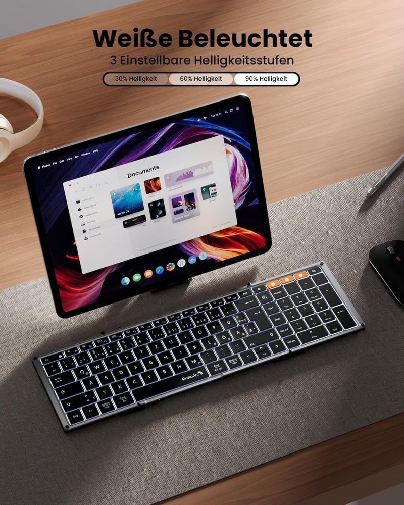 ProtoArc XK01 Plus Bluetooth QWERTZ Összecsukható Billentyűzet Numerikus Résszel - 3 Csatornás Kapcsolat iPad iOS Android Windows Eszközökhö