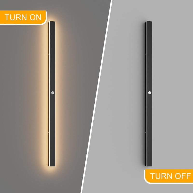 K-Bright 120 cm-es Kültéri LED Fali Lámpa Mozgásérzékelővel - IP65 Vízálló Fekete Modern Világítás Kerthez, Garázshoz, 3000K Meleg Fehér Fén