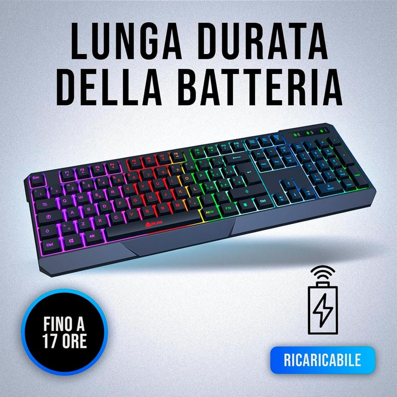 KLIM Chroma Vezeték Nélküli Gamer Billentyűzet - RGB Háttérvilágítás, Vízálló, Olasz Kiosztás, 10 Millió Leütés Élettartam, PC Kompatibilis