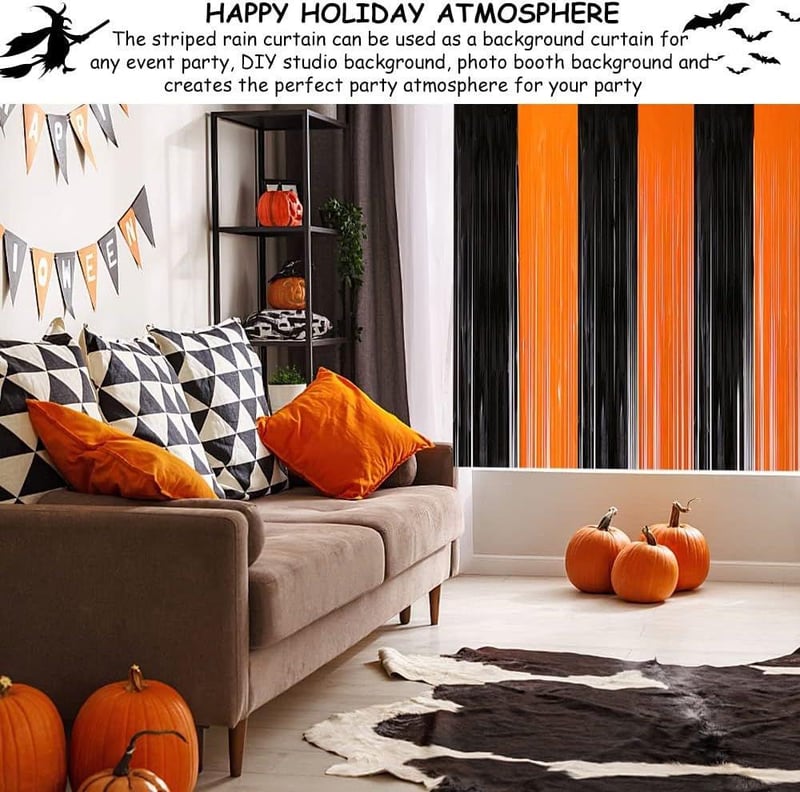 Cortină decorativă de Halloween, înfricoșătoare, negru-portocaliu.