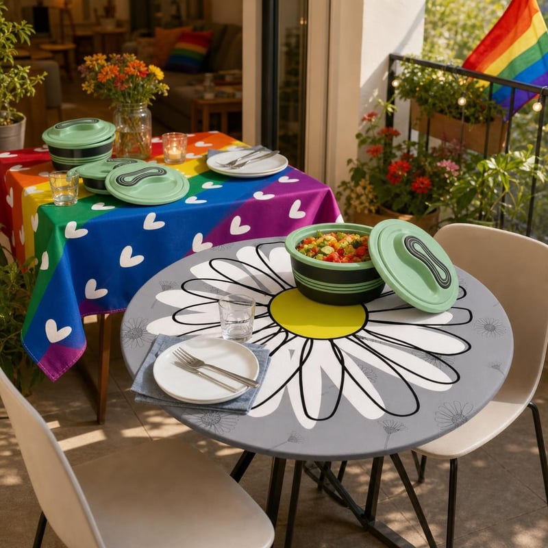 Szivárványos terítőparti: 2 db mosható asztalterítő (70 cm + 85×85 cm) + 3 részes hőtartó tál fedővel