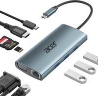 Acer 9-in-1 USB-C Hub Dokkoló, 4K HDMI, VGA, 3xUSB 3.0, Gigabit Ethernet, 100W PD, SD/TF Kártyaolvasó, Alumínium Adapter iPhone/MacBook/iPad 1