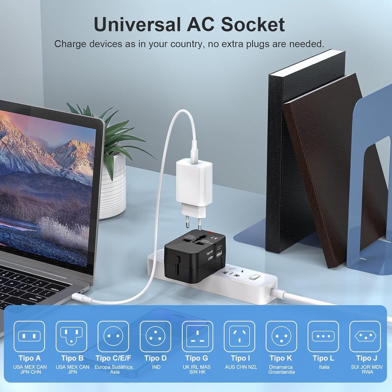 Amoner Univerzális Utazási Adapter USB-C és USB-A Portokkal - Nemzetközi Konverter Amerikai, Olasz, Angol, Japán, Francia Konnektorokhoz
