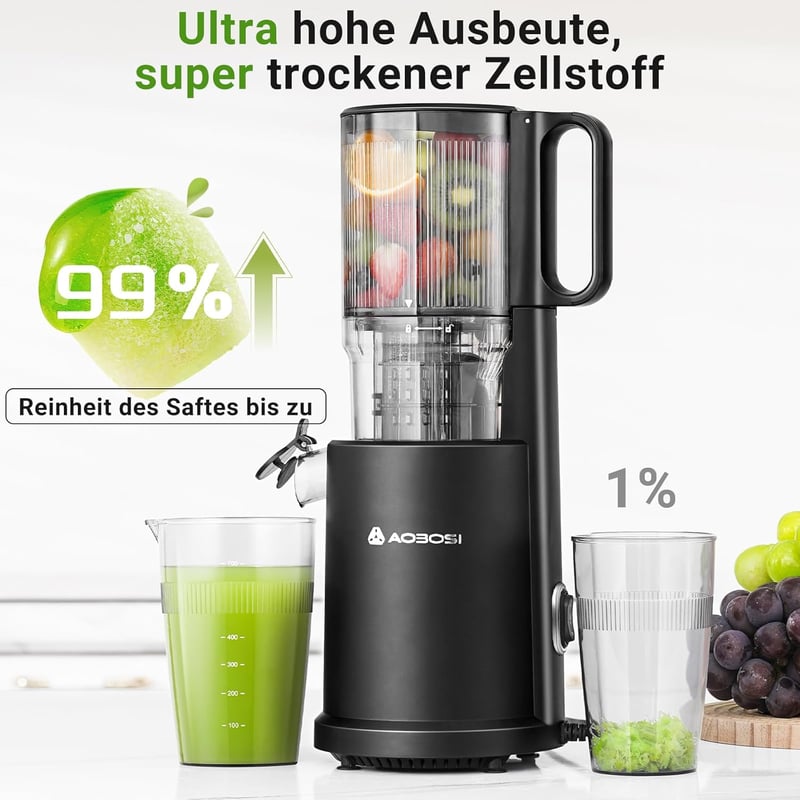 AOBOSI Slow Juicer 126 mm Extra Széles Adagolónyílással - Egész Gyümölcsök Préselésére, Erőteljes Motorral, Hármas Szűrőrendszerrel, Fekete