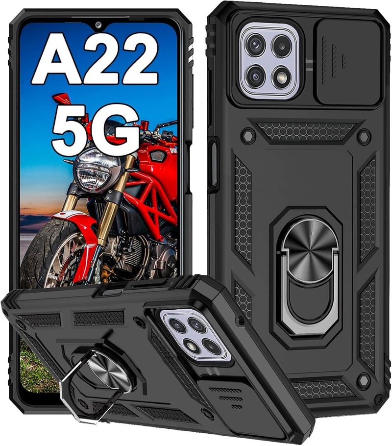 Samsung Galaxy A22 5G tok csúsztatható kameravédővel, 360°-os gyűrűvel és mágneses állvánnyal - Fekete