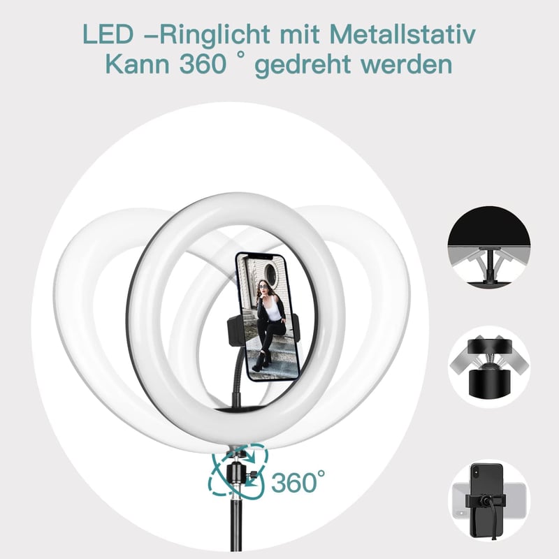 daphomeu 10 Colos LED Körfény Állvánnyal és Dupla Telefontartóval - 3 Színű, 10 Fényerőszintű Szelfi Gyűrűlámpa Távirányítóval YouTube, TikT