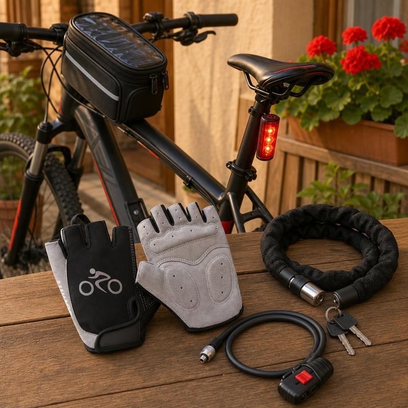 Cyklistický set: 1x rukavice L + 1x pumpa + 1x svetlo s brzdou + 1x LED taška + 1x 90cm zámok