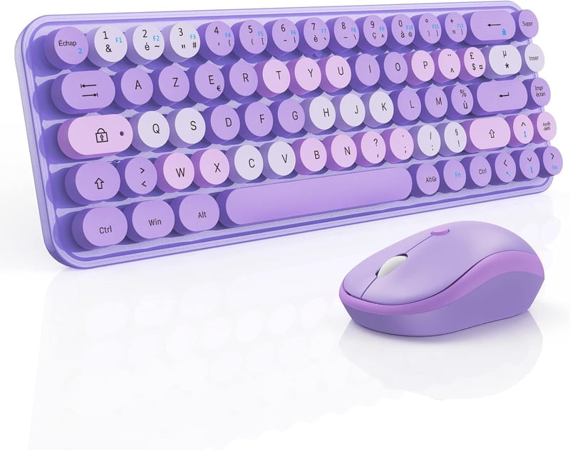 Retro lila AZERTY billentyűzet és egér szett - Vezeték nélküli, kompakt, csendes, USB/Type-C