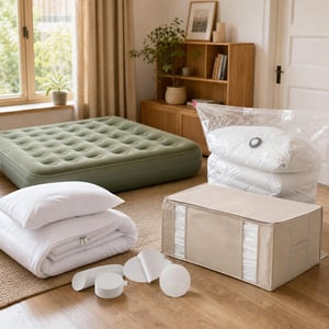 Pachet Oaspeți: saltea gonflabilă + lenjerie 200x200 + sac vidat + kit reparații TPU