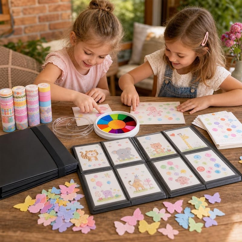 Emlékőrző kreatív csomag: 540 zsebes album + 12 színű festék + 20 washi + 80 pillangó + 15 kártya