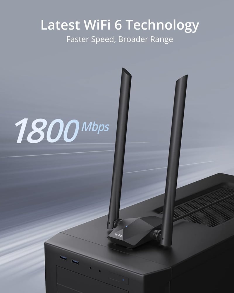 BrosTrend AX1800 WiFi 6 USB adapter PC-hez, nagy hatótávolságú, kettős sávú (1201Mbps/5GHz + 574Mbps/2.4GHz), két 5dBi antennával, Windows 1