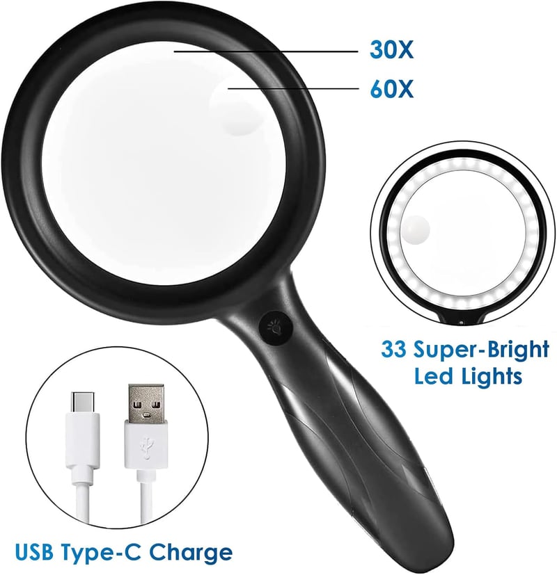 Ntrjtrss 33 LED-es Nagyító 30x/60x Nagyítással - USB Tölthető Kézi Olvasó Nagyító 3 Fényerősséggel - Időseknek, Gyerekeknek, Ékszerészeknek 