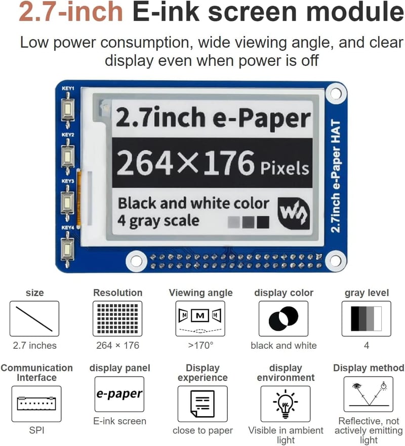 IBest 2,7" E-Ink Kijelző Modul Raspberry Pi-hez - 264x176 Felbontás, Kétszínű, SPI