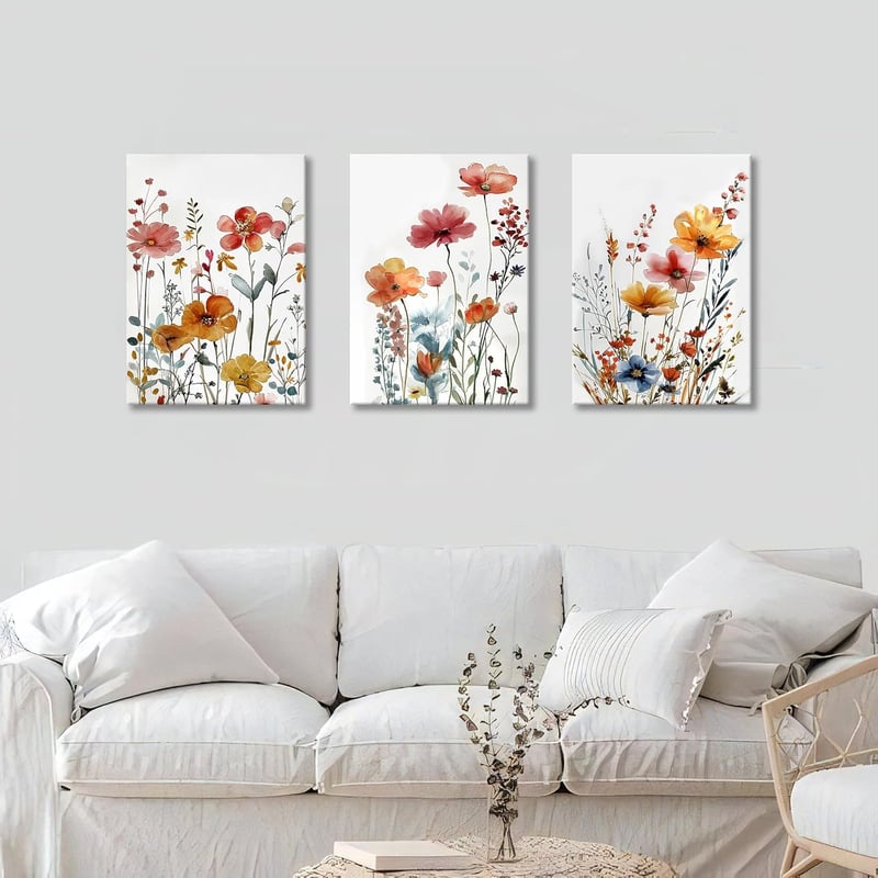 HALFLEMART Vadvirágos Vászonkép 3 Részes - Rusztikus Virágmintás Falikép Kerettel - Nappali Hálószoba Dekoráció - 150 x 70 cm Faldekoráció