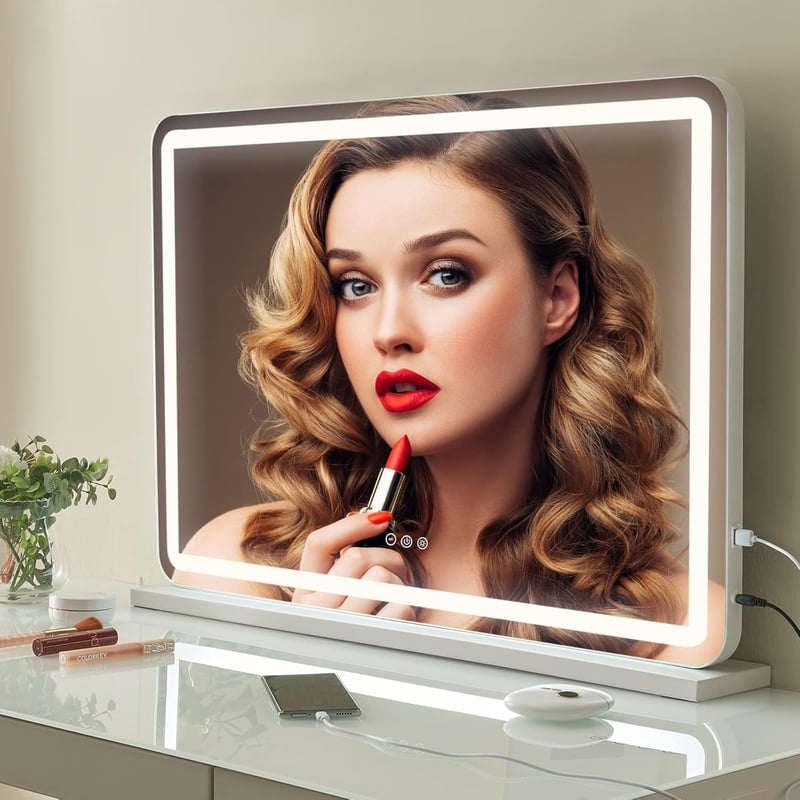 Saimeihome Hollywood Sminktükör LED Világítással - 80x55cm Fehér, 3 Fényárnyalat, 10X Nagyítás, USB, Érintésvezérlés, Asztali vagy Falra Sze