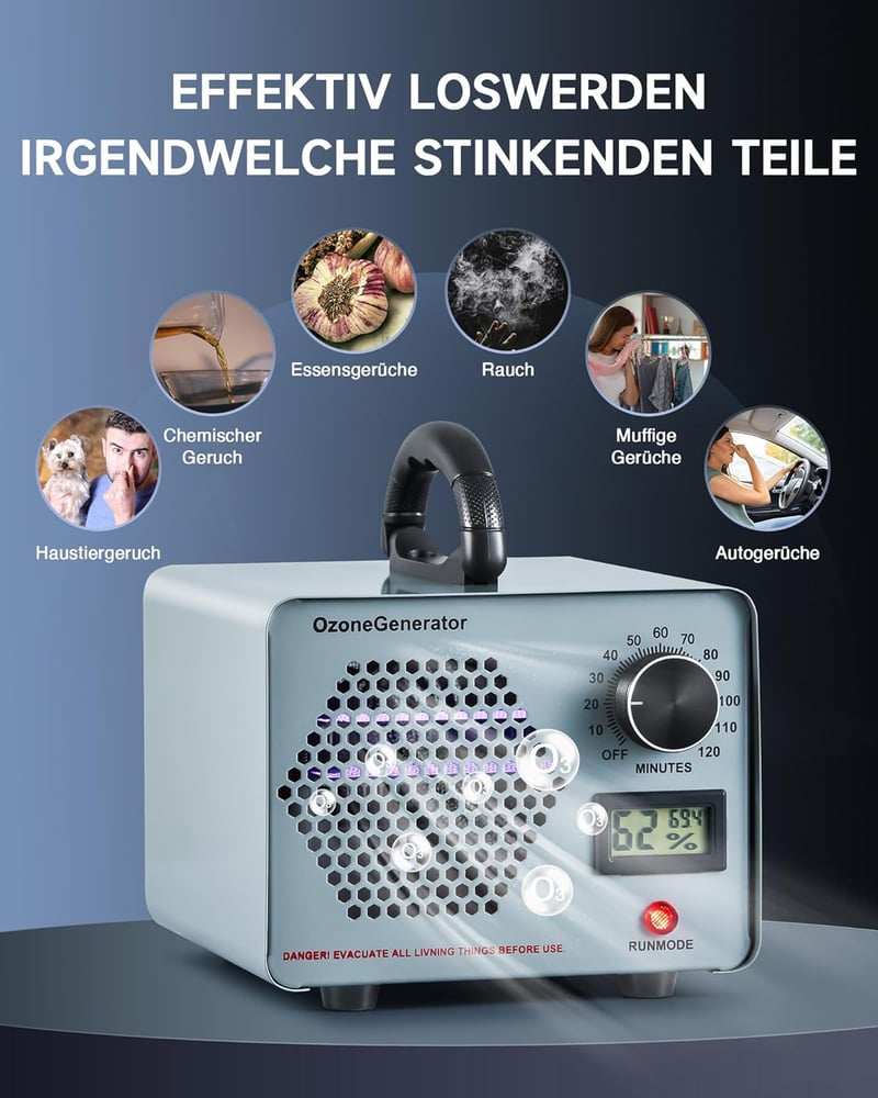 CREWORKS Ózongenerátor 25000 mg/h - Szagtalanító Készülék 300 m² Területre, 120 Perces Időzítővel, Hőmérséklet és Páratartalom Kijelzővel