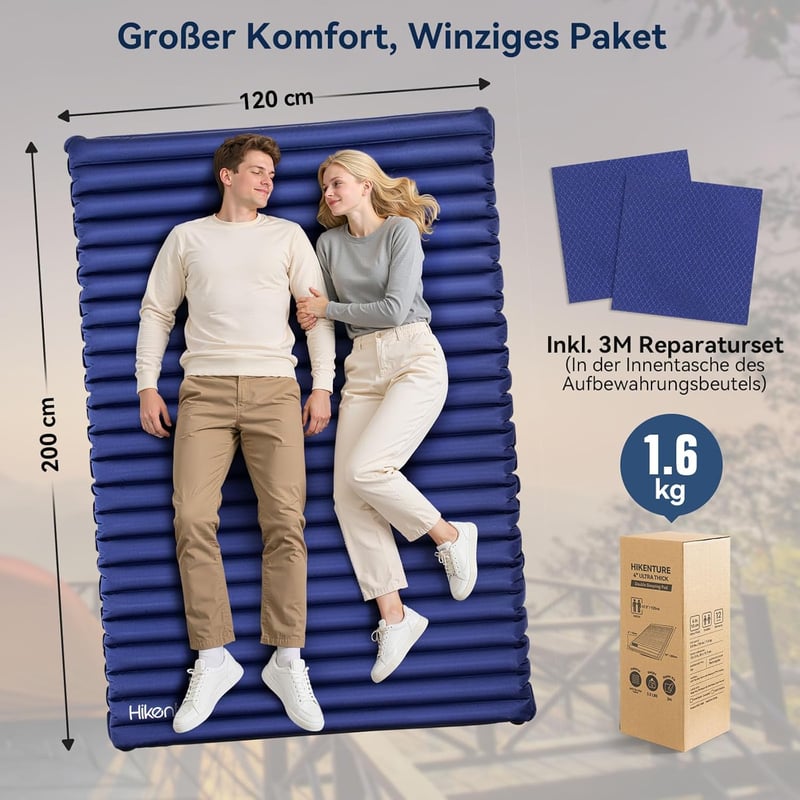 Hikenture Ultrakönnyű Dupla Kempingmatrac - Felfújható Matrac 2 Személynek, Lábpumpával, 200x120cm, Túrázáshoz, Kempingezéshez, Sötétkék