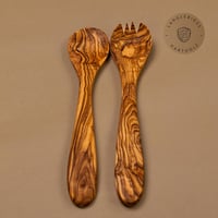 Kézműves Olívafalágyító Szett - 30 cm-es Salátaszervírozó Evőeszközök Rövid Villával - Természetes Antibakteriális Olívafából - Egyedi Mintá 2
