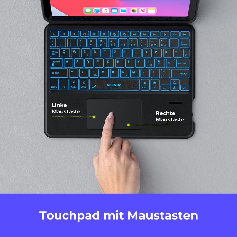 seenda iPad 10 Generációs Tok QWERTZ Bluetooth Billentyűzettel - 7 Színű Háttérvilágítás, Érintőpad, Tolltartó, Levehető Billentyűzet, 10.9"