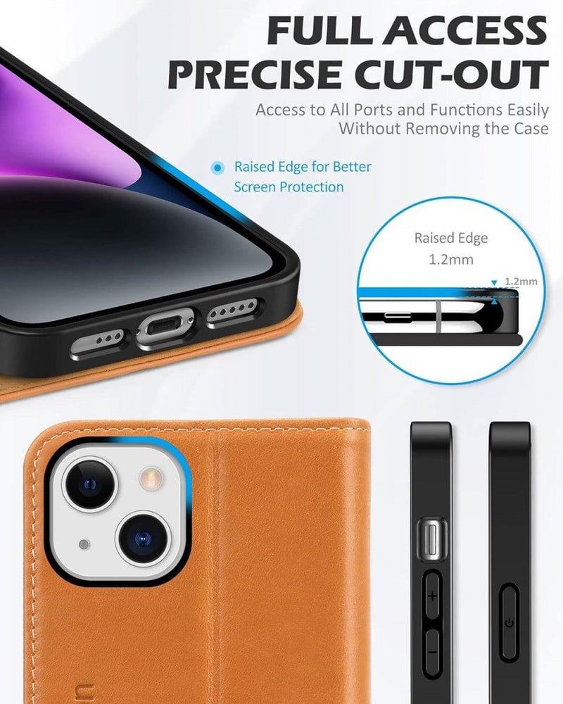 iPhone 14 5G barna bőr tok pénztárcával, kártyatartóval és állvánnyal