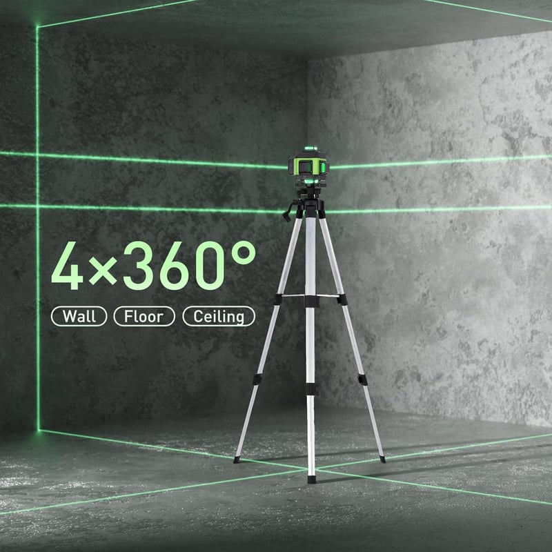 Weytoll 16 Vonalas Keresztlézer Szintező Szett Állvánnyal - 4x360° Zöld Lézer, IP54, 2400mAh Akkumulátor, Bluetooth, Mágneses Alap, Csempézé