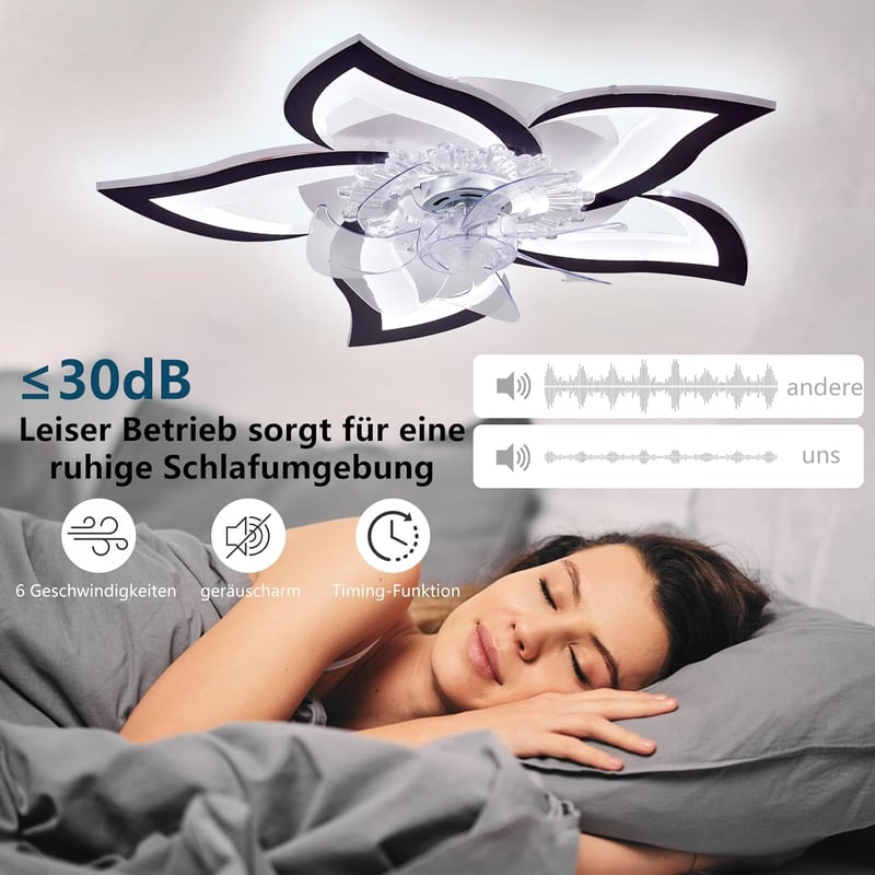MiiR Virág Alakú LED Mennyezeti Ventilátor Lámpa - 50W Fekete Távirányítós Csillár 5 Fényforrással, Applikációval Szabályozható, Nappali és  - 69 cm, Black