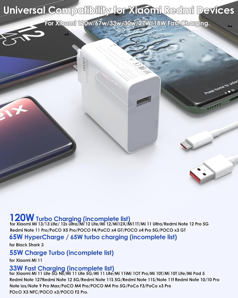 Ruilezyo 120W USB C Gyorstöltő Xiaomi 15/14/13/12 Sorozathoz - Redmi Note 14/13/12 Pro+ és Poco Készülékekhez - 90W/67W Turbo HyperCharge 1M