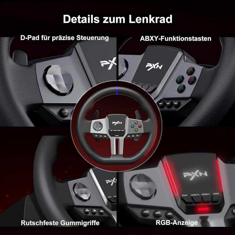 PXN V9 GEN2 Versenykormány PC-hez Pedálokkal és Váltóval - Hall-effekt Pedál, RGB Világítás, 270°/900° Állítható - PS4, PS3, Xbox Series X/S