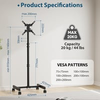 BONTEC Gurulós TV Állvány 13-49 Colos Lapos és Ívelt Képernyőkhöz, Állítható Magasságú Mobil TV Kocsi 4 Kerékkel, 20 kg Teherbírás, VESA 200 6