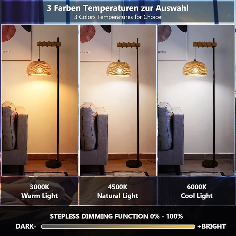 Vintage Állólámpa Bambusz Lámpaernyővel - Távirányítós, Fényerőszabályozós, Alkalmazással Vezérelhető LED Lámpa Nappaliba, Hálószob