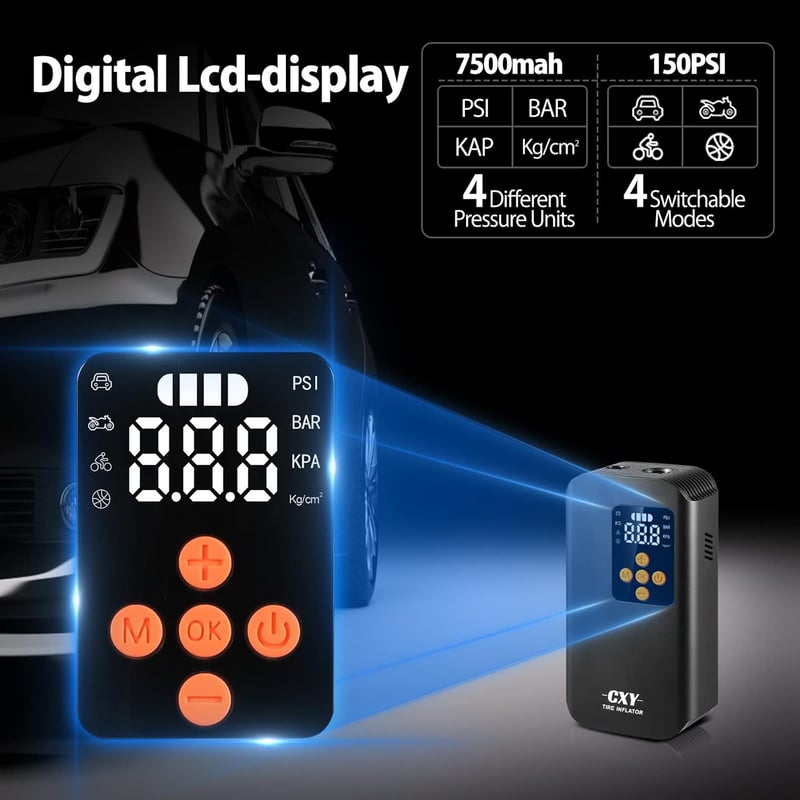 CXY 150 PSI Elektromos Kerékpárpumpa - 7500mAh Akkus Hordozható Kompresszor LED Lámpával