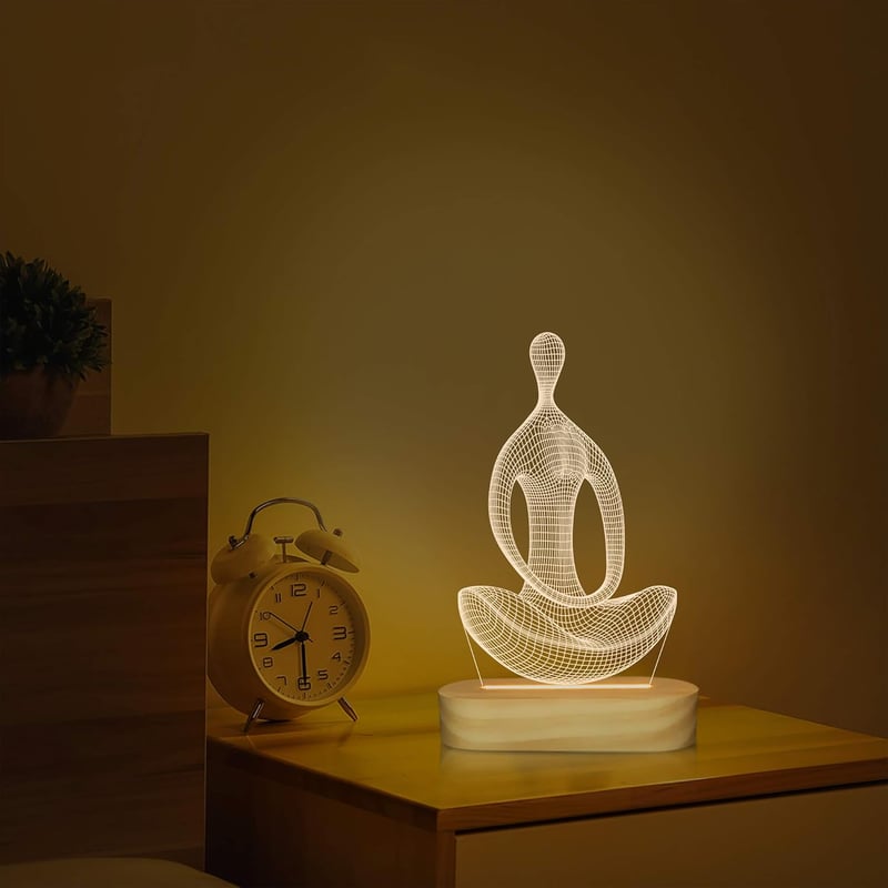 BootyBay 3D Jóga LED Éjjeli Lámpa - Meditációs Asztali Világítás Meleg Fénnyel, Fa Talppal - USB Dekorációs Lámpa Ajándékba Nőknek, Lányokna