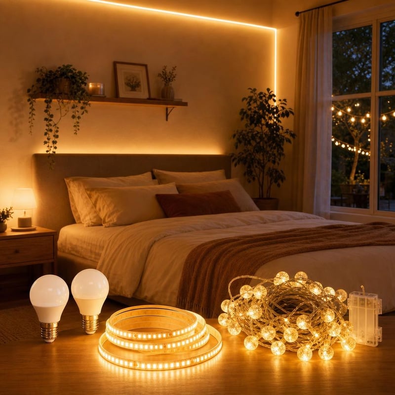 Čarobna rasvjeta za spavaću sobu: 10 m LED traka + svjetlosni niz s kristalima + 2 LED žarulje
