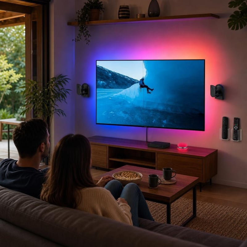 Kino balík do obývačky: 75–85" TV podsvietenie + RGB reproduktor + HDMI 2.1 kábel + držiaky