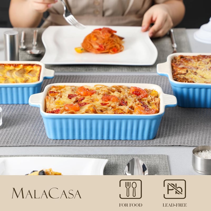 MALACASA 4 részes porcelán sütőtál készlet, kék, 9-13,3" méretben, hőálló edények fülekkel, mosogatógépben és fagyasztóban használható