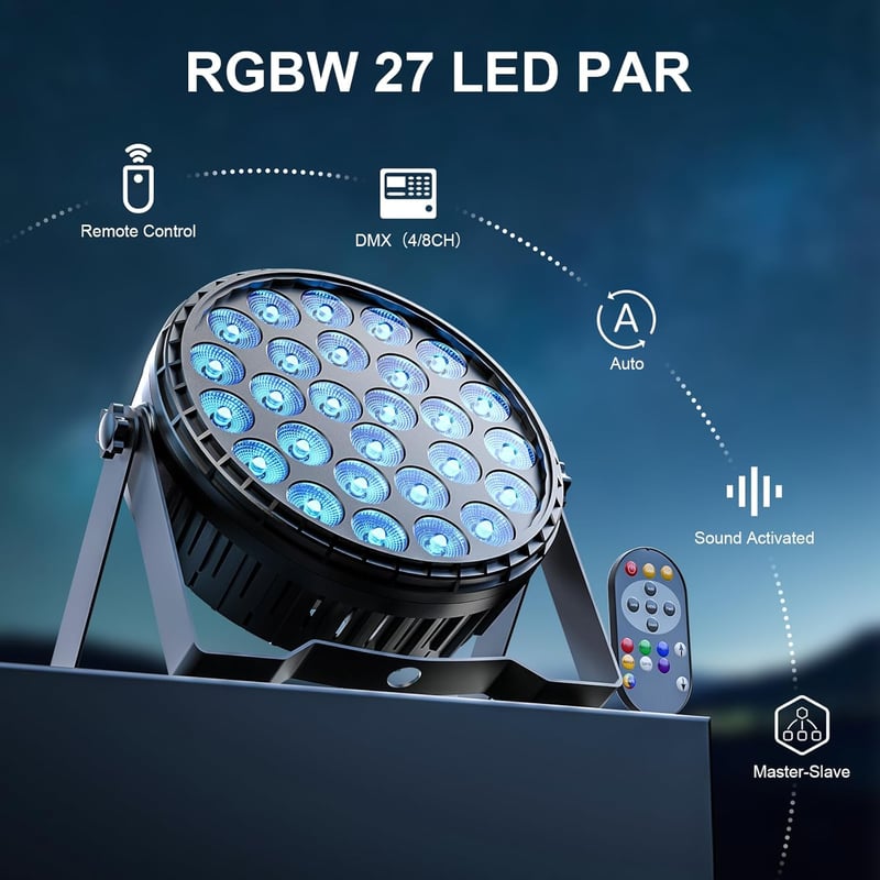 Ukfog 216W RGBW LED Par Reflektor - 27x8W DMX Diszkó Fény Távirányítóval - 6 Üzemmódú Színpadi Világítás DJ Partikra, Esküvőkre, Karácsonyi  - 1 PC