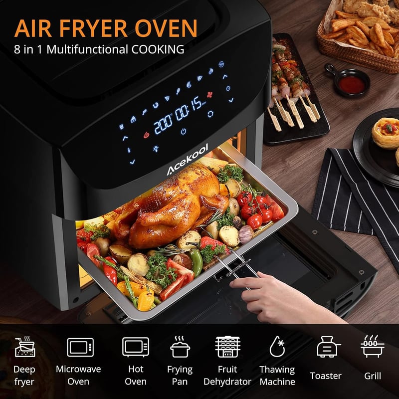 Acekool 18L XXL Forrólevegős Sütő, 1800W Olajmentes Fritőz, LED Érintőkijelzővel, Átlátszó Ablakkal, 7 Kiegészítővel, Időzítővel, Fekete