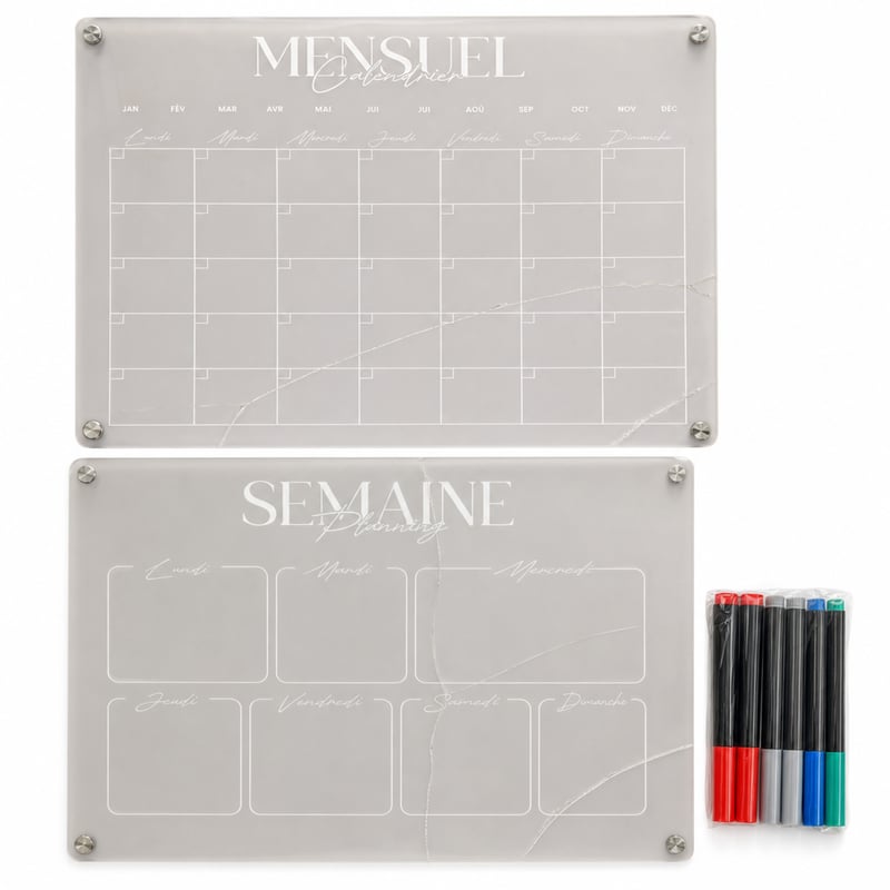 Calendar magnetic pentru frigider SKYCROO din acril transparent, 2 bucăți - tablă de planificare săptămânală și lunară, lavabilă — table crăpate, utilizate