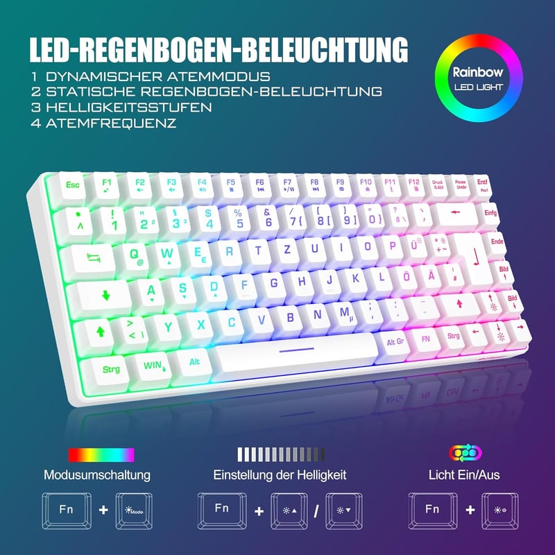 RedThunder 75% Vezeték Nélküli Gamer Billentyűzet és Egér Szett, QWERTZ DE Kiosztás, TKL Kompakt Mini Billentyűzet, 7200DPI Méhsejt Egér, PC - White