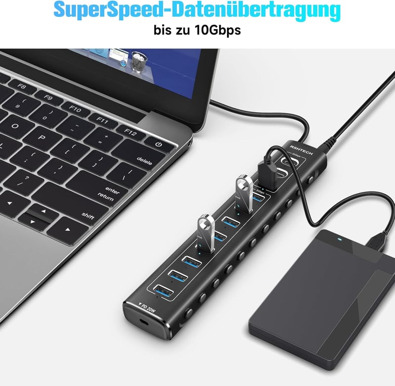 RSHTECH 11-Portos USB C 3.2 Hub Aktív Tápellátással - 60W, 10Gbps Adatátvitel, 3 USB-C és 8 USB-A Port, Alumínium, Fekete - A11PD