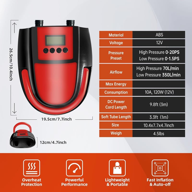 Elektromos SUP pumpa 20PSI - Hordozható, kétfokozatú, LCD-s felfújó narancssárga