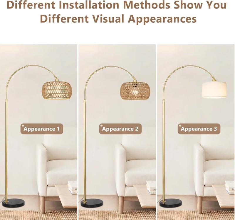 Rayofly Arany Ívelt Állólámpa Rattan Lámpaernyővel - Modern Boho Padlólámpa Távirányítóval, LED Izzóval, Alkalmazásvezérléssel, Fényerőszabá