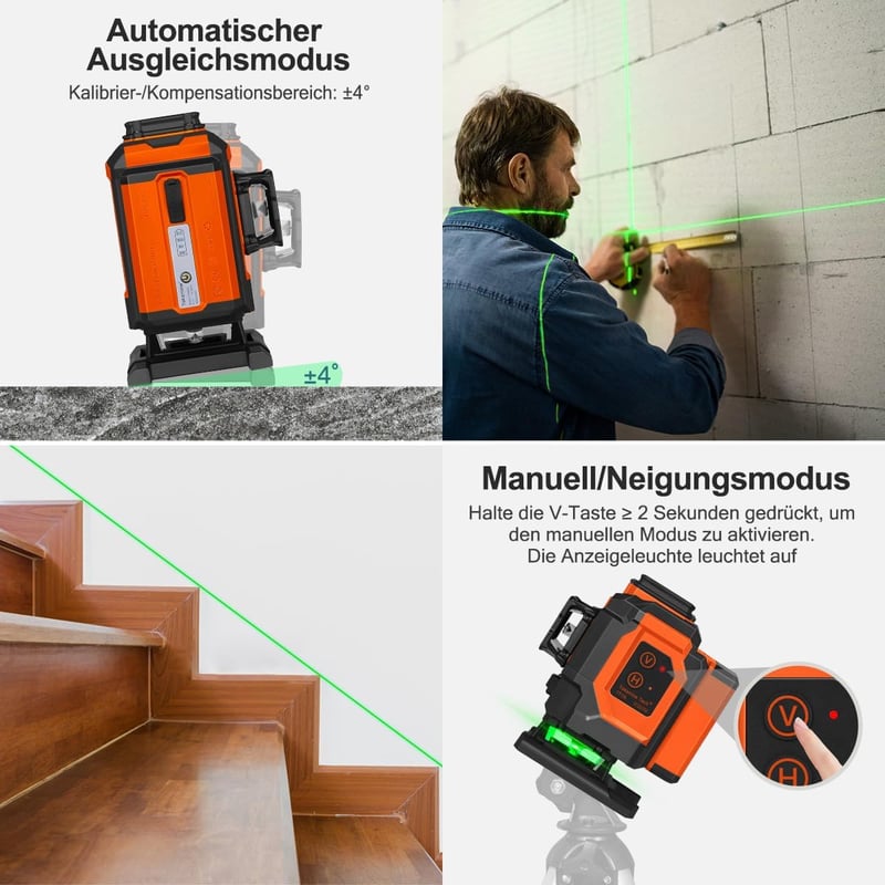 TakamineTech 3x360° Zöld Lézeres Szintező - 12 Vonalas Önbeálló Lézerszintező Távirányítóval, Építkezéshez, Csempézéshez, Type-C Töltéssel