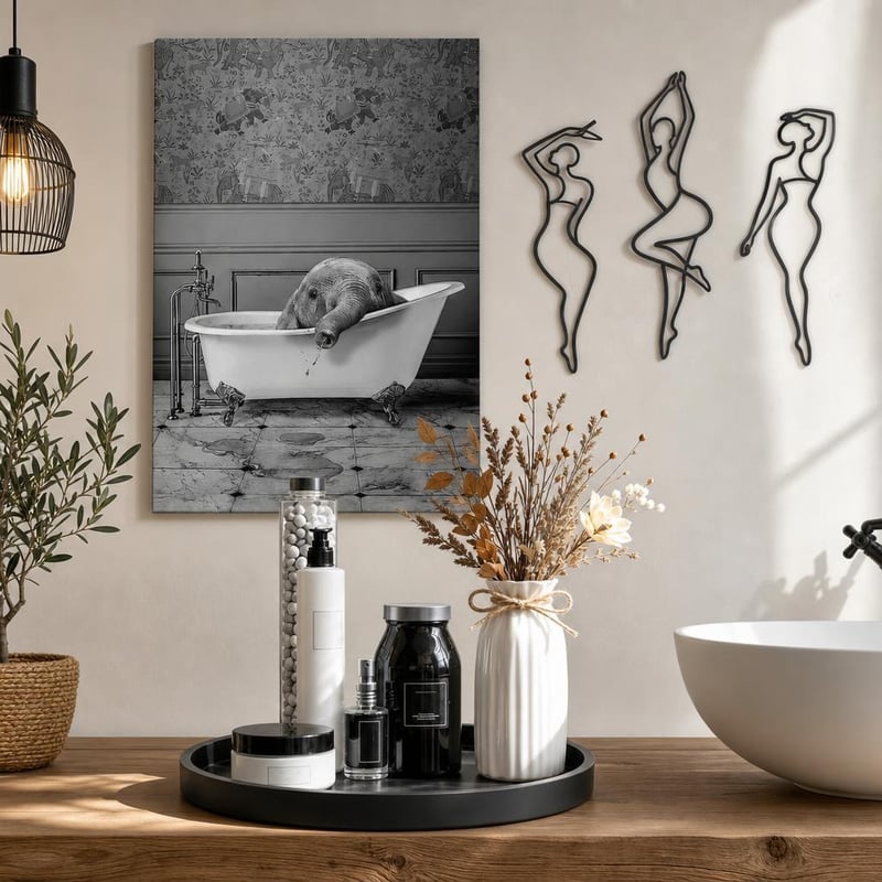 Monochromatická dekorácia: 1× tácka + 1× váza + 1× obraz 50×70 cm + 3× kovová nástenná dekorácia