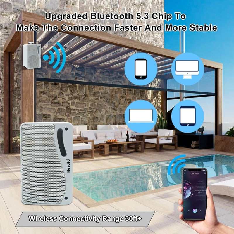 Herdio 3,5" Bluetooth Kültéri Hangszórópár, 200W, 3-Utas, Vízálló, Falra Szerelhető, Hajóra, Teraszra, Kertbe - Fehér