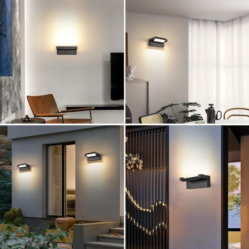 KUKAK Kültéri-Beltéri LED Fali Lámpa 22W - IP65 Vízálló, 3000K Meleg Fehér, 350° Forgatható Panel, Alumínium, Fekete, Kerthez, Teraszhoz