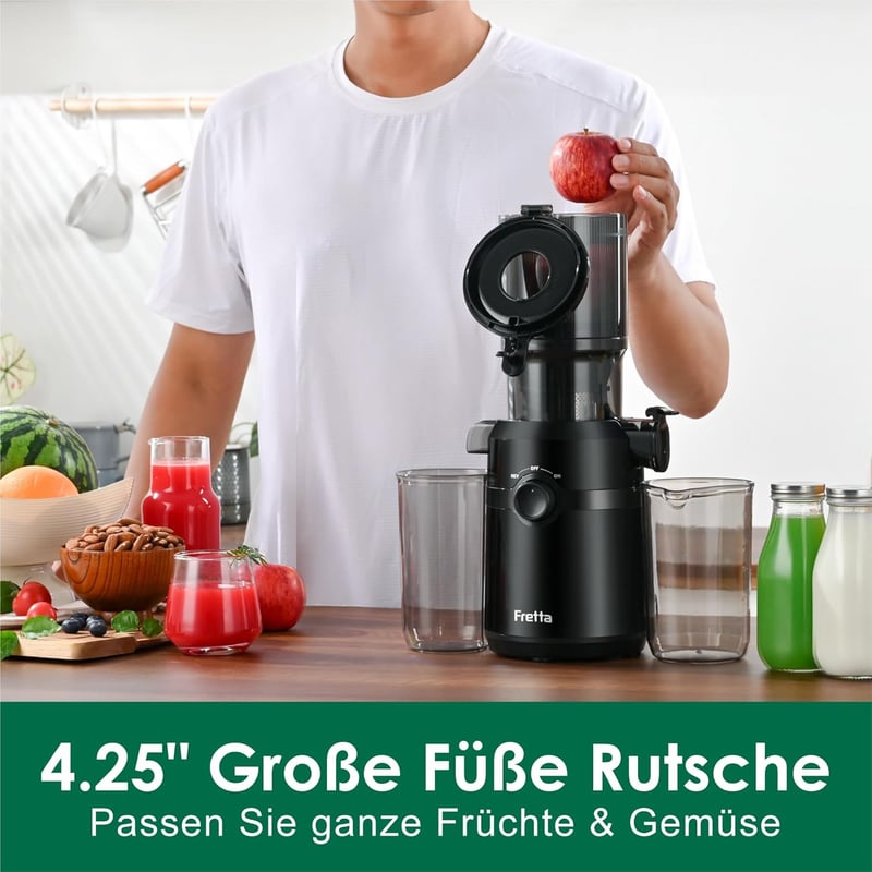 Fretta Slow Juicer 200W - Fekete gyümölcsprés 108mm-es adagolónyílással, egész gyümölcsökhöz, BPA-mentes Tritan anyagból, könnyen tisztíthat