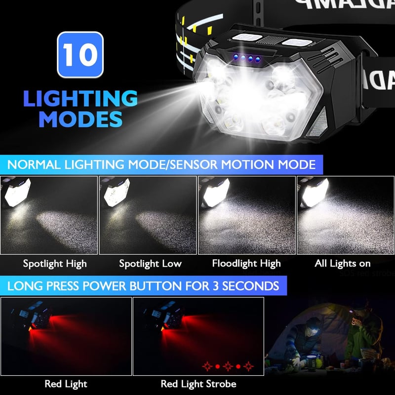 Lsnisni LED fejlámpa 2db, vízálló fej lámpa 6 üzemmóddal, piros fénnyel, elemekkel