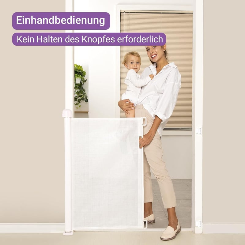 Momcozy Behúzható Biztonsági Ajtórács Gyerekeknek és Háziállatoknak - Lépcsőhöz és Ajtóhoz, Bel- és Kültéri Használatra, 127 cm Széles